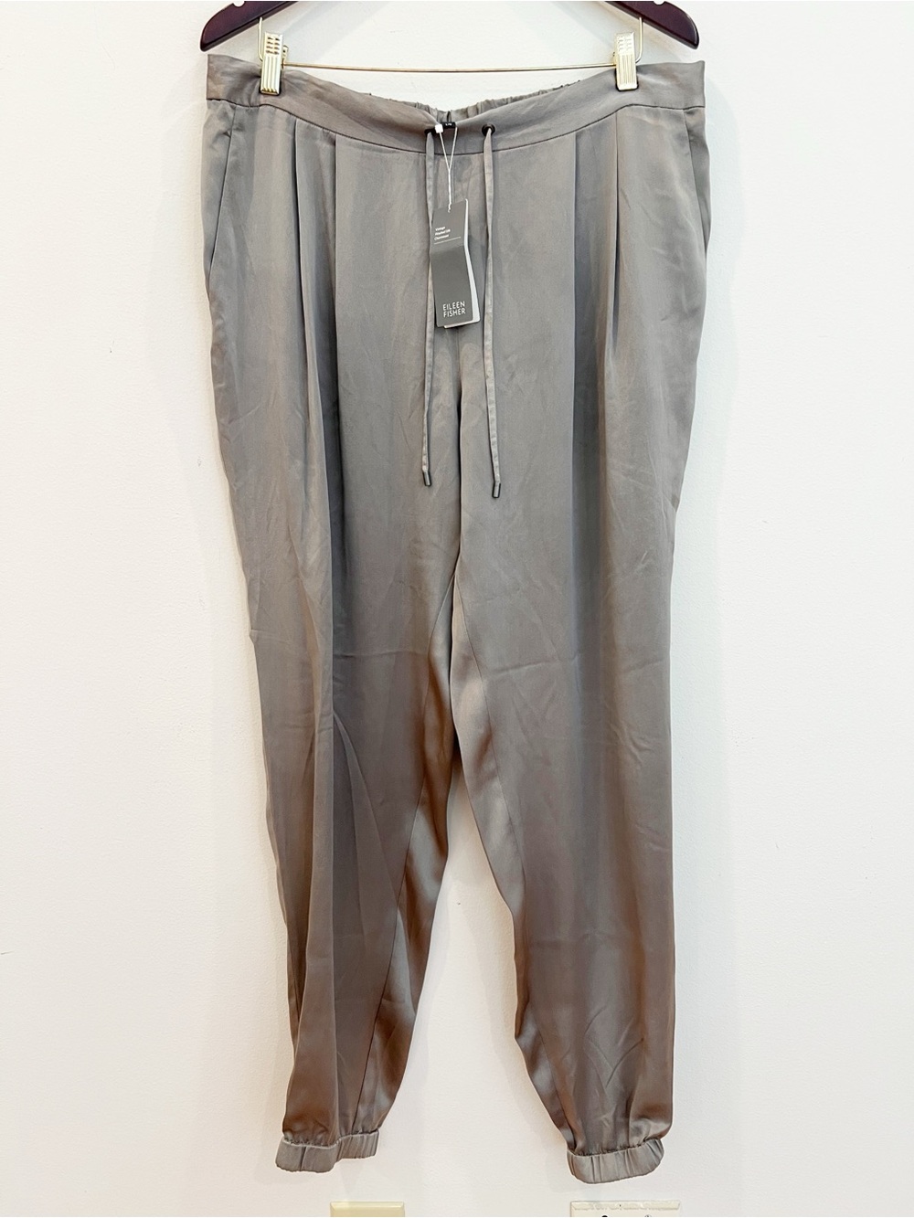 Eileen Fisher Joggers Pants Womens Large Taupe Silk Drawstring Ankle Pockets NEW